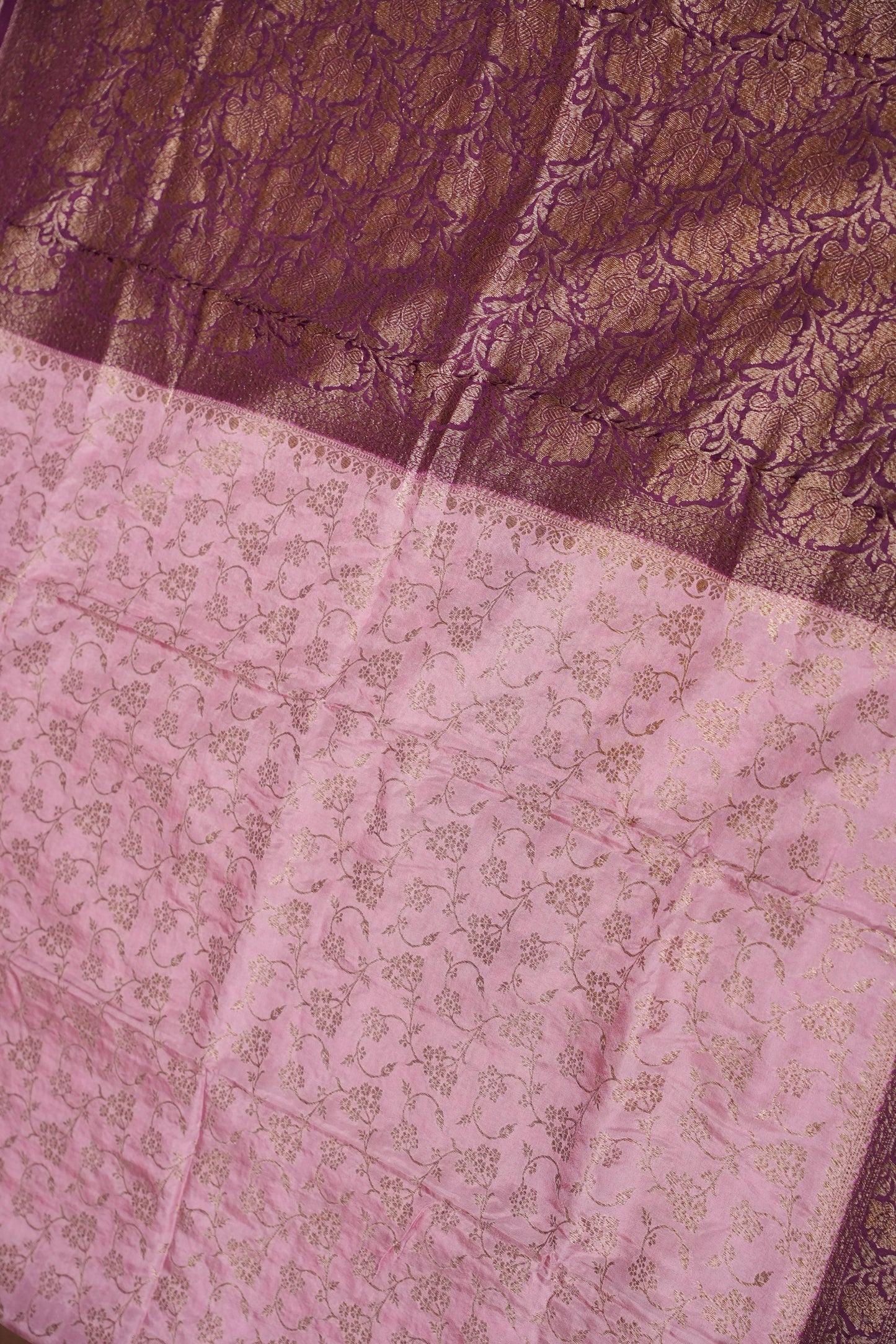 Khaddi Georgette Crepe Silk Saree with Antique Border – Baby Pink & Wine