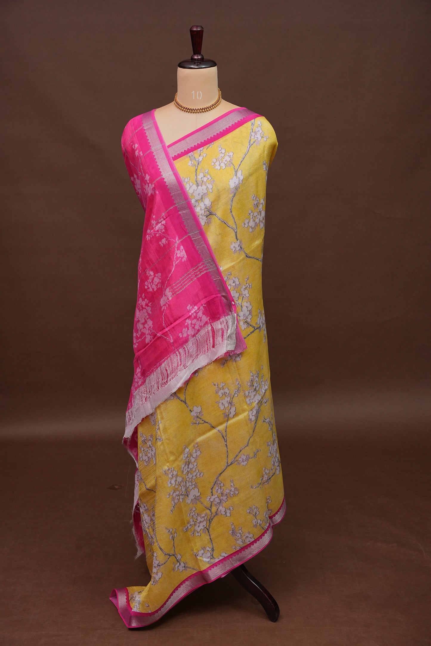 Mangalagiri Printed Silk Saree - Light Yellow & Rani Pink