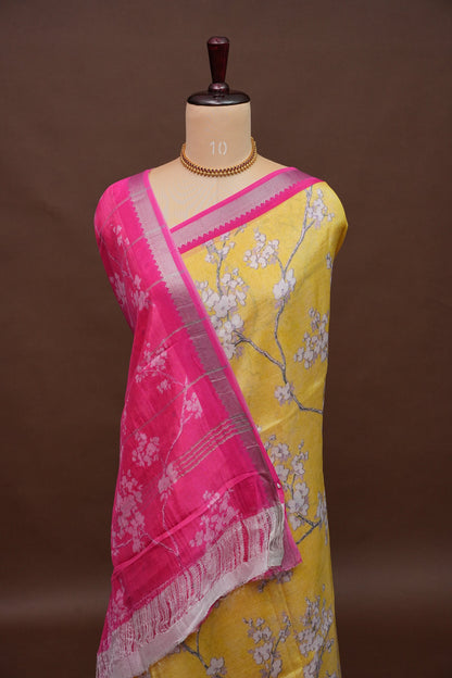 Mangalagiri Printed Silk Saree - Light Yellow & Rani Pink