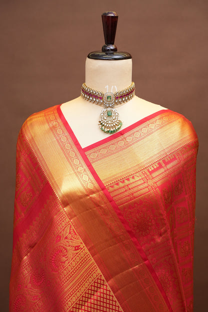 Pure Kanchipuram Silk Saree with Rich Gold Zari Border - Red