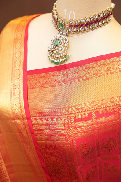 Pure Kanchipuram Silk Saree with Rich Gold Zari Border - Red