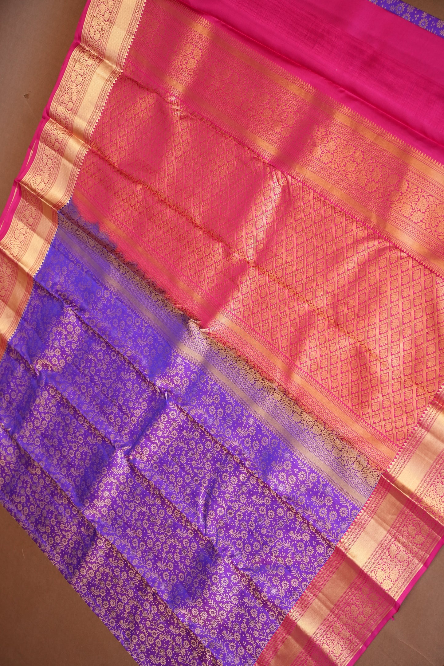Pure Kanchipuram Silk Saree with Rich Gold Zari Weave - Royal Purple & Pink