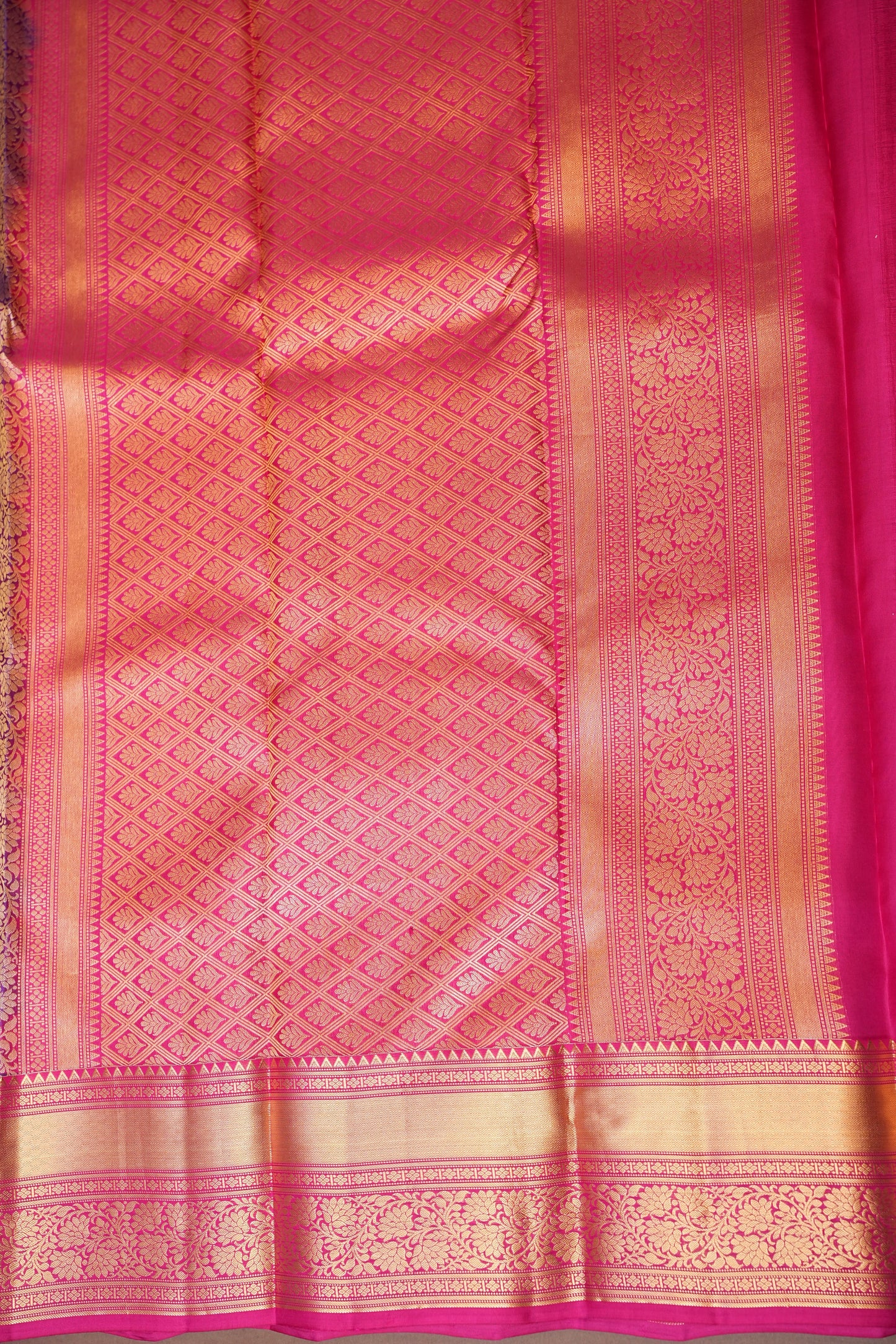 Pure Kanchipuram Silk Saree with Rich Gold Zari Weave - Royal Purple & Pink