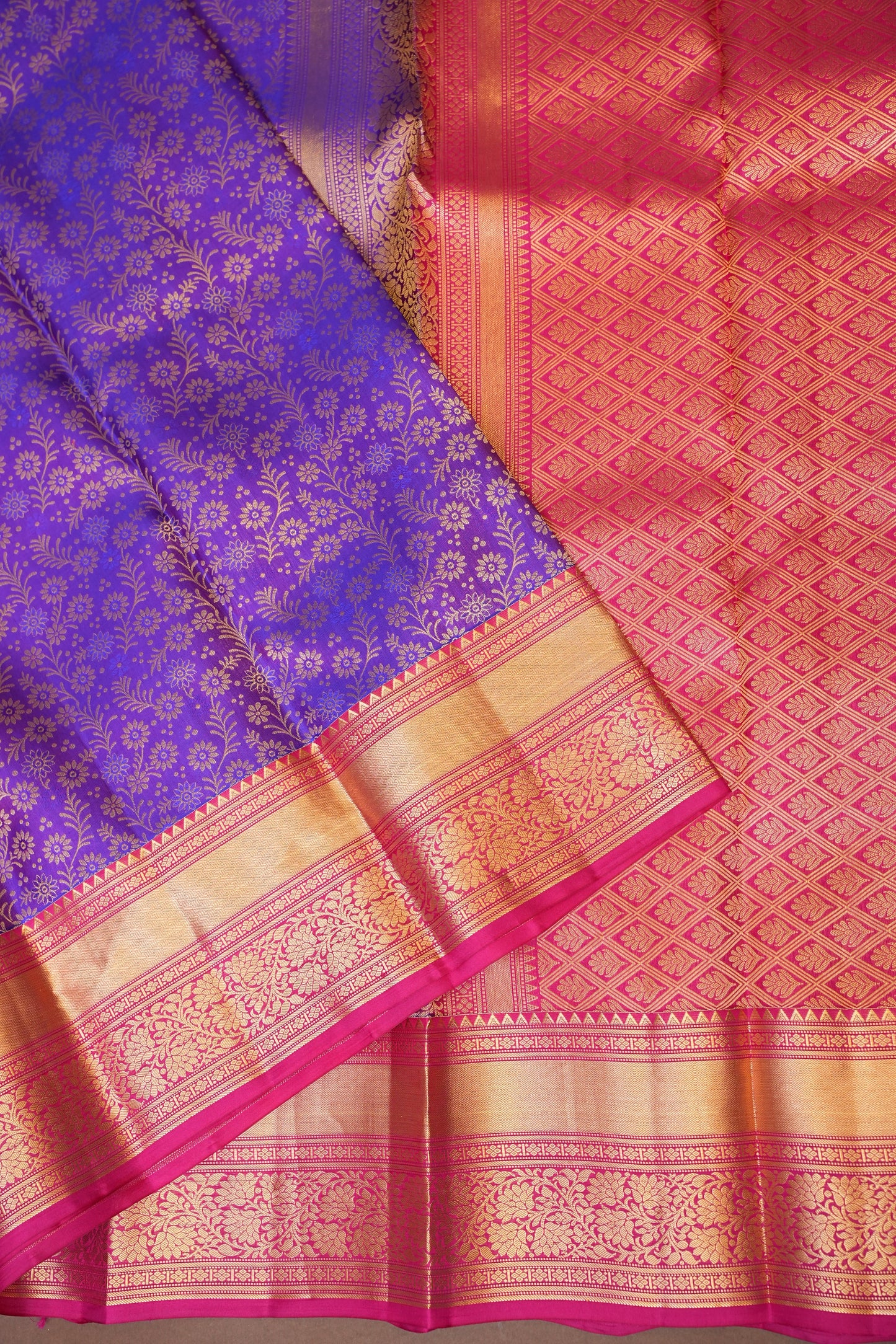 Pure Kanchipuram Silk Saree with Rich Gold Zari Weave - Royal Purple & Pink