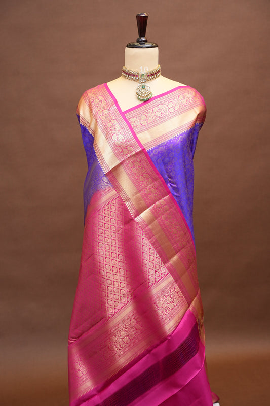 Pure Kanchipuram Silk Saree with Rich Gold Zari Weave - Royal Purple & Pink