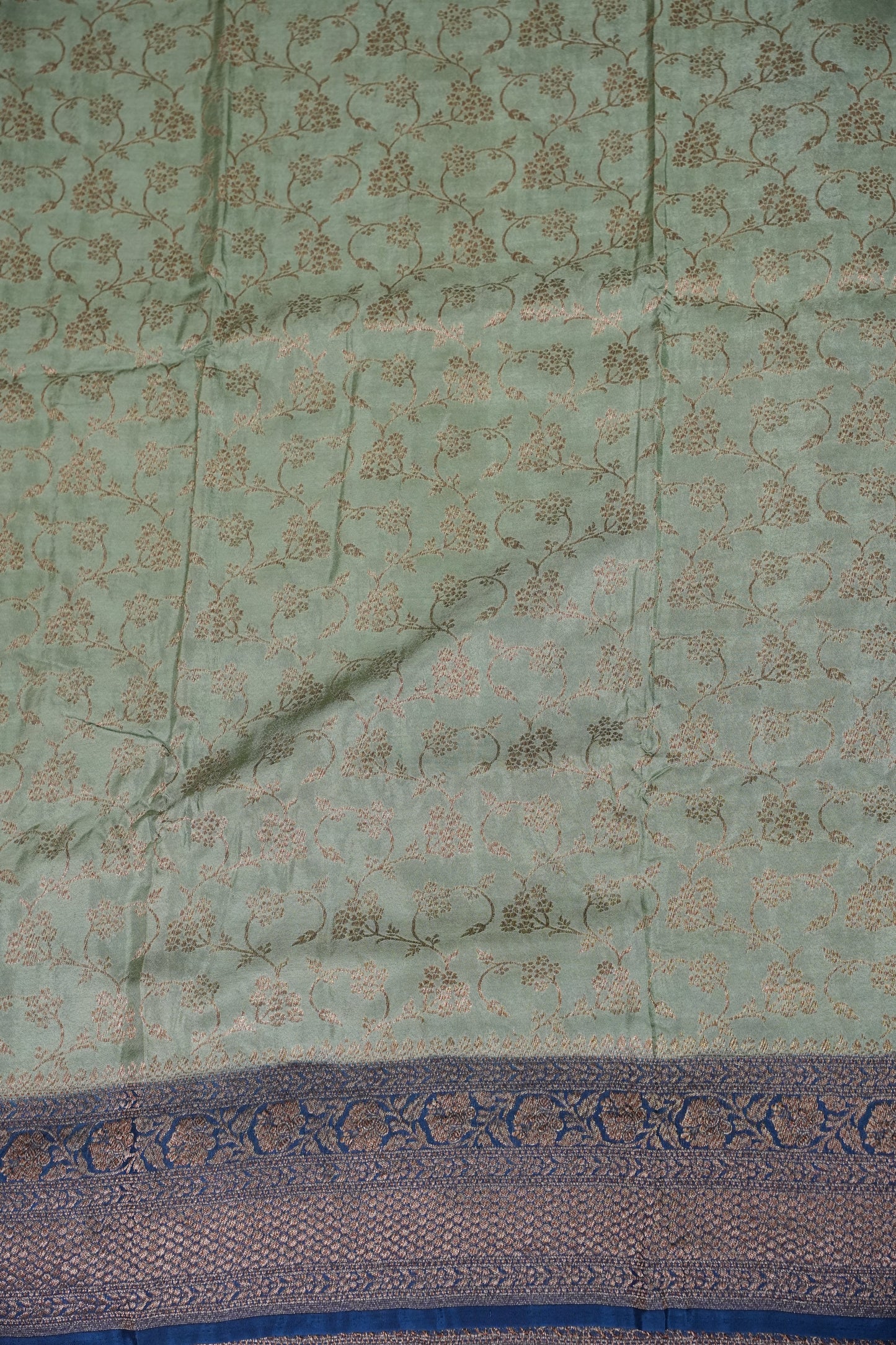 Khaddi Georgette Crepe Silk Saree with Antique Border – Blue Grey & Peacock Blue