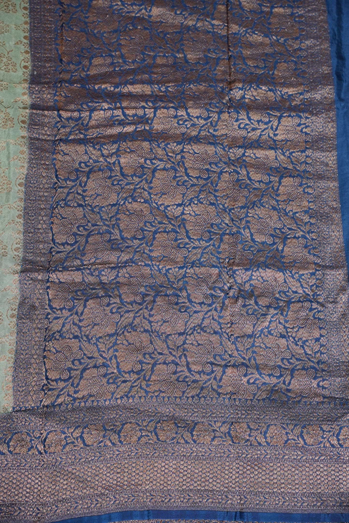 Khaddi Georgette Crepe Silk Saree with Antique Border – Blue Grey & Peacock Blue