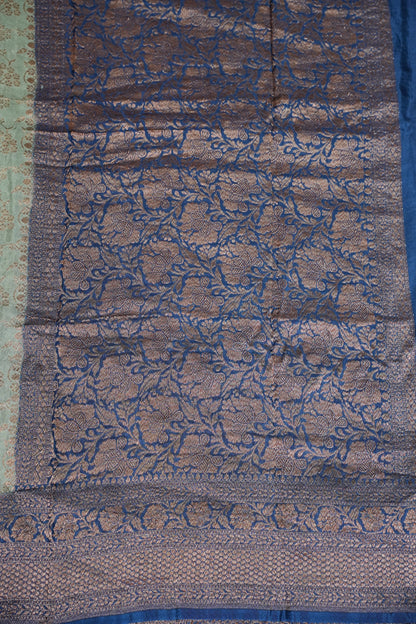 Khaddi Georgette Crepe Silk Saree with Antique Border – Blue Grey & Peacock Blue