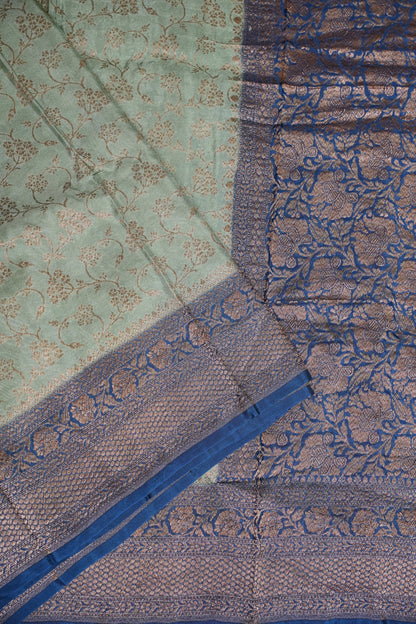 Khaddi Georgette Crepe Silk Saree with Antique Border – Blue Grey & Peacock Blue