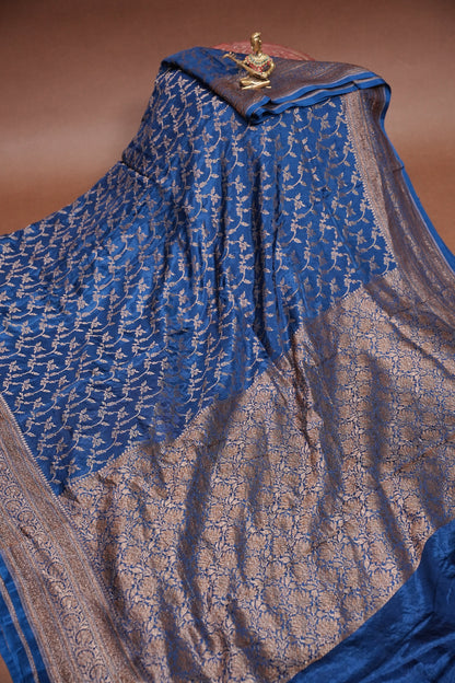 Khaddi Georgette Crepe Silk Saree with Antique Border – Peacock Blue