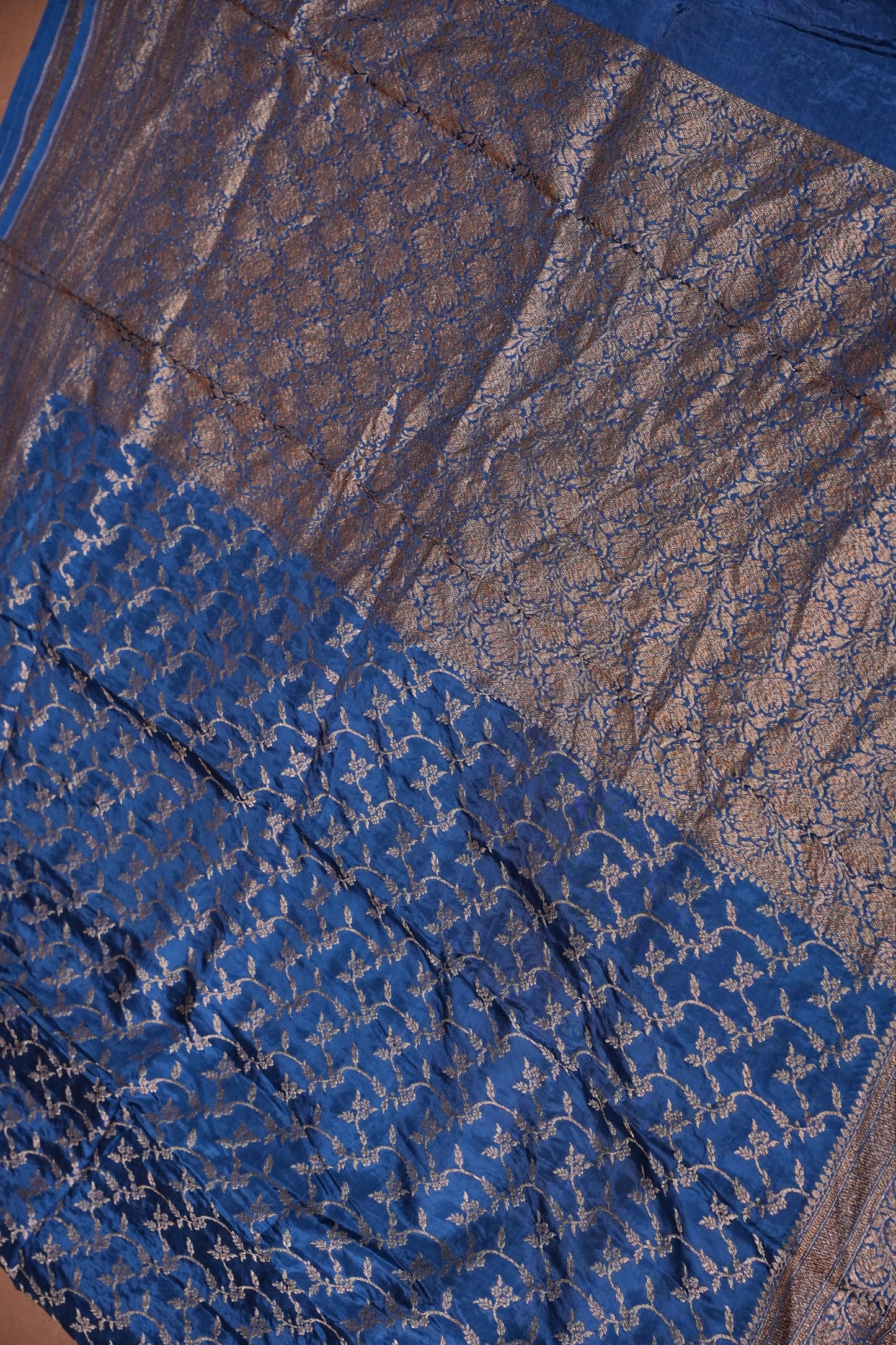 Khaddi Georgette Crepe Silk Saree with Antique Border – Peacock Blue