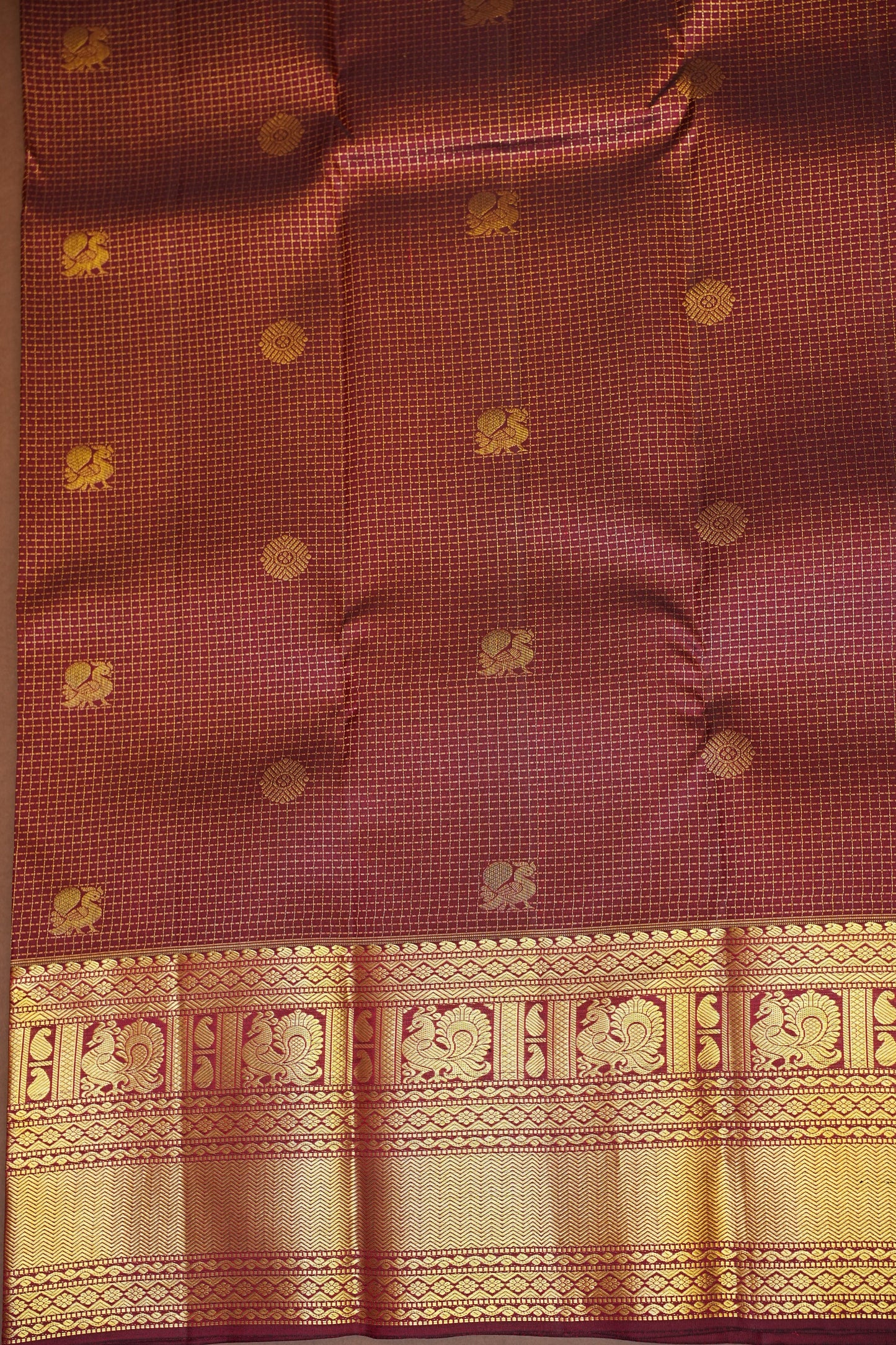 Pure Kanchipuram Silk Saree with Rich Zari Weave - Maroon with Antique Gold