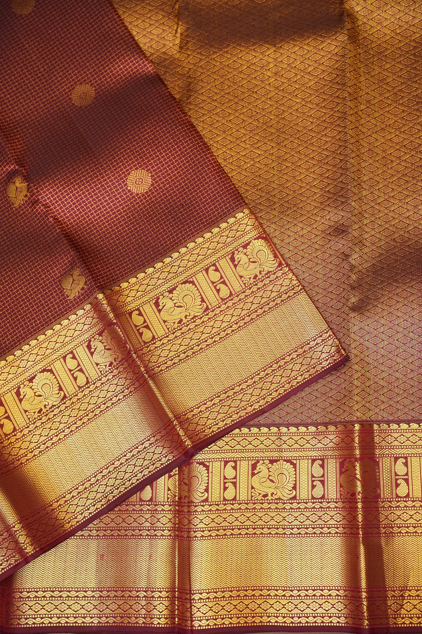 Pure Kanchipuram Silk Saree with Rich Zari Weave - Maroon with Antique Gold