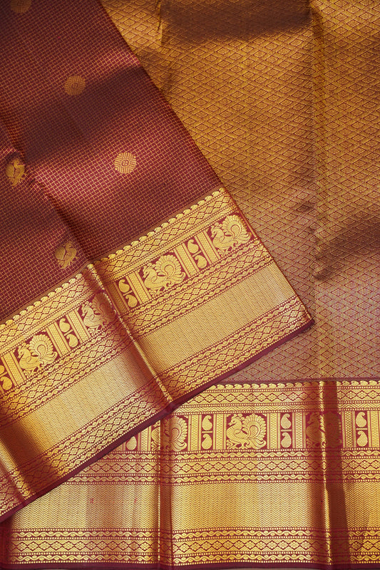 Pure Kanchipuram Silk Saree with Rich Zari Weave - Maroon with Antique Gold