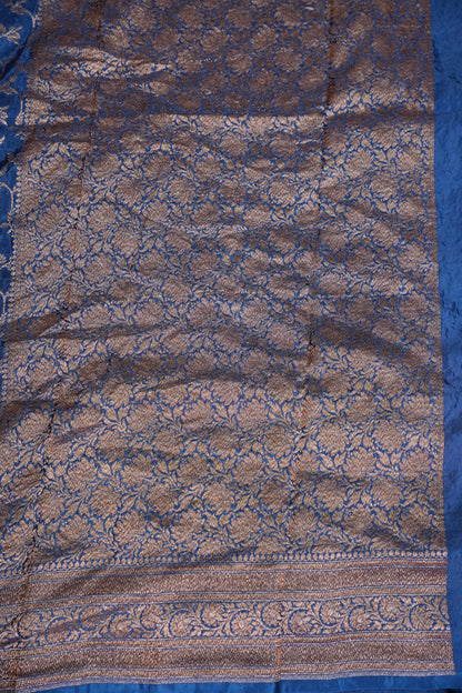 Khaddi Georgette Crepe Silk Saree with Antique Border – Peacock Blue