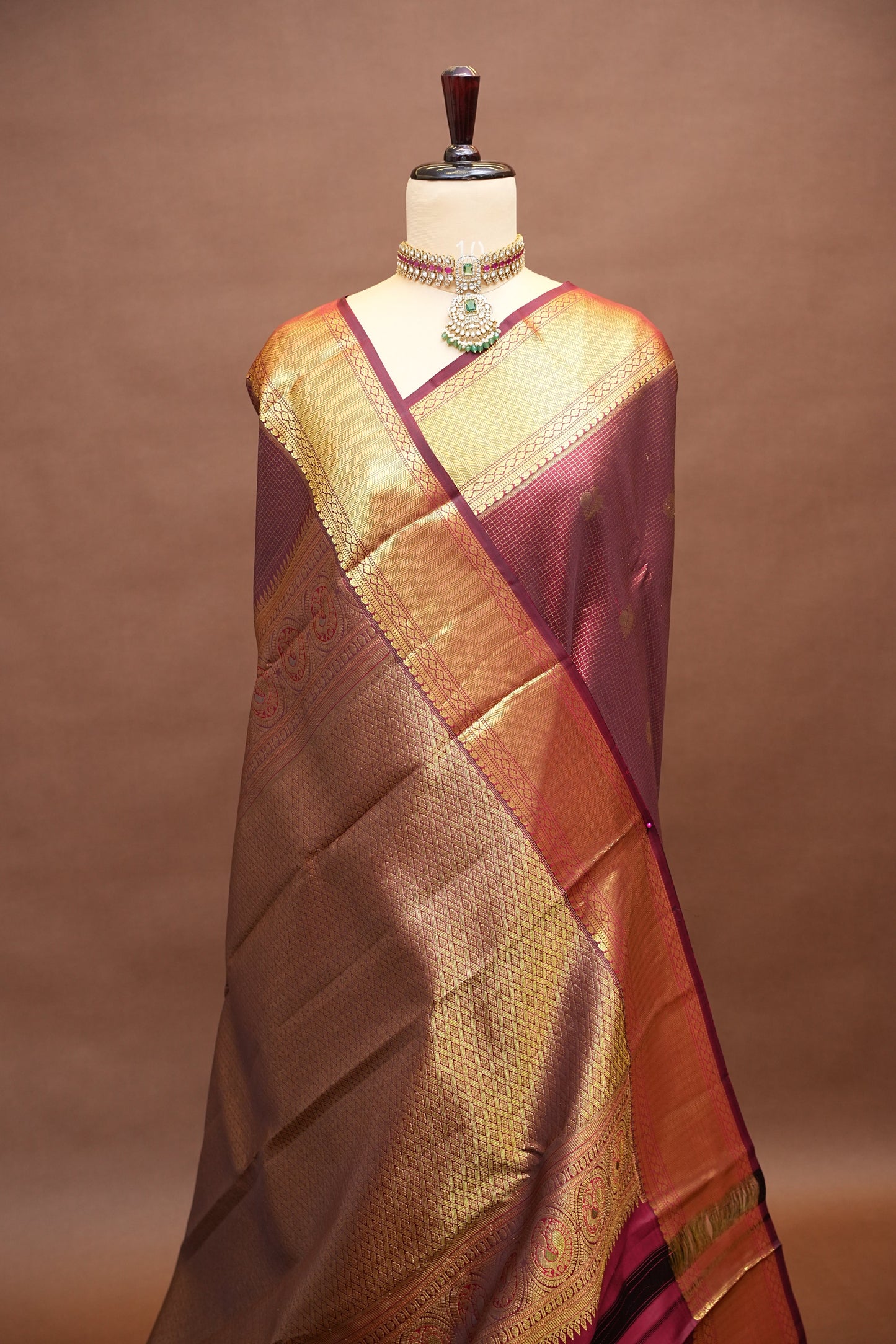 Pure Kanchipuram Silk Saree with Rich Zari Weave - Maroon with Antique Gold