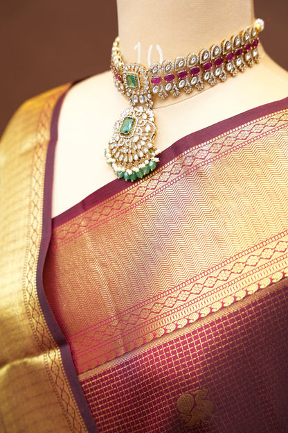 Pure Kanchipuram Silk Saree with Rich Zari Weave - Maroon with Antique Gold