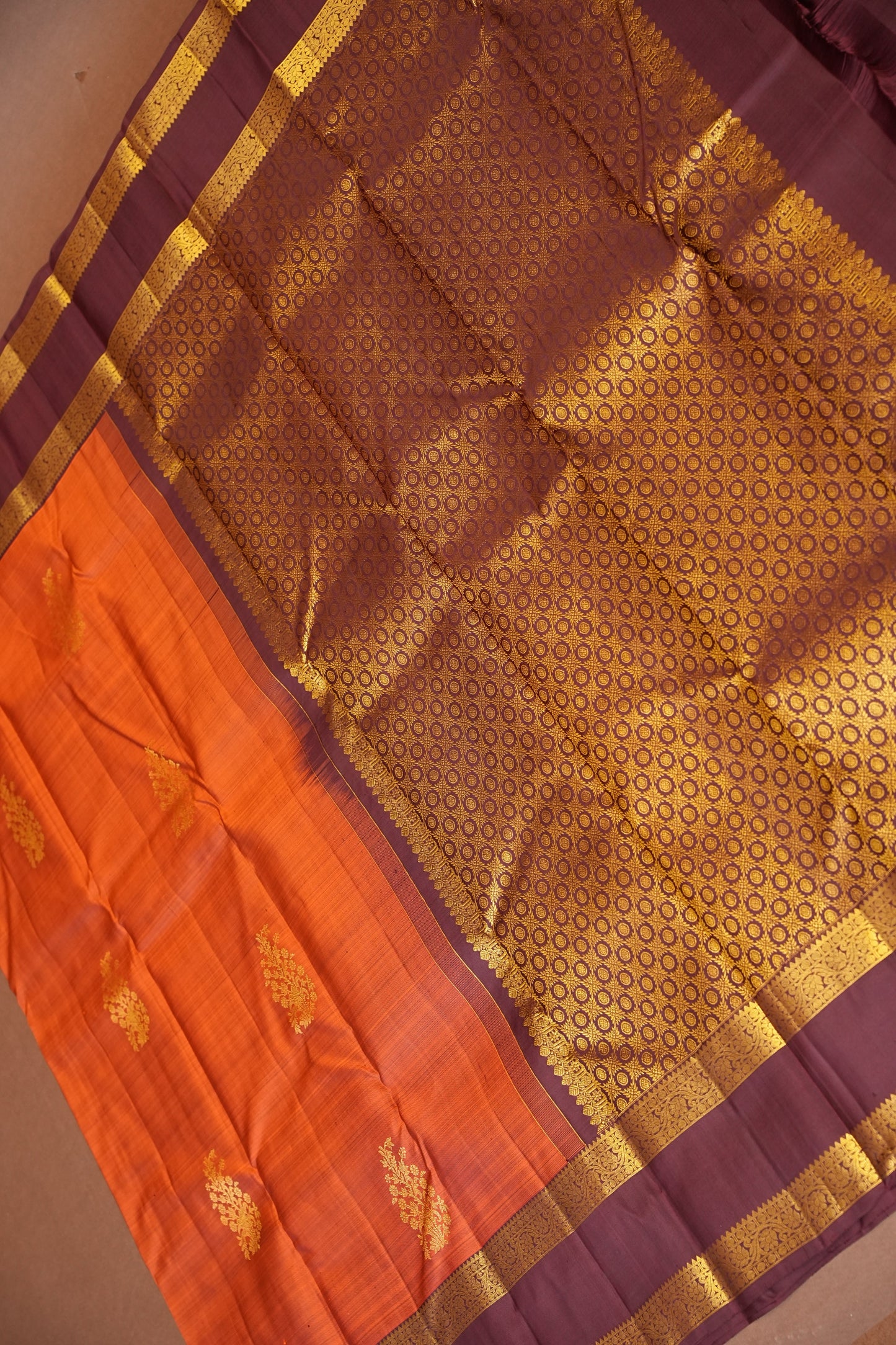 Pure Kanchipuram Silk Saree with Rich Gold Zari Weave - Rust Orange & Maroon