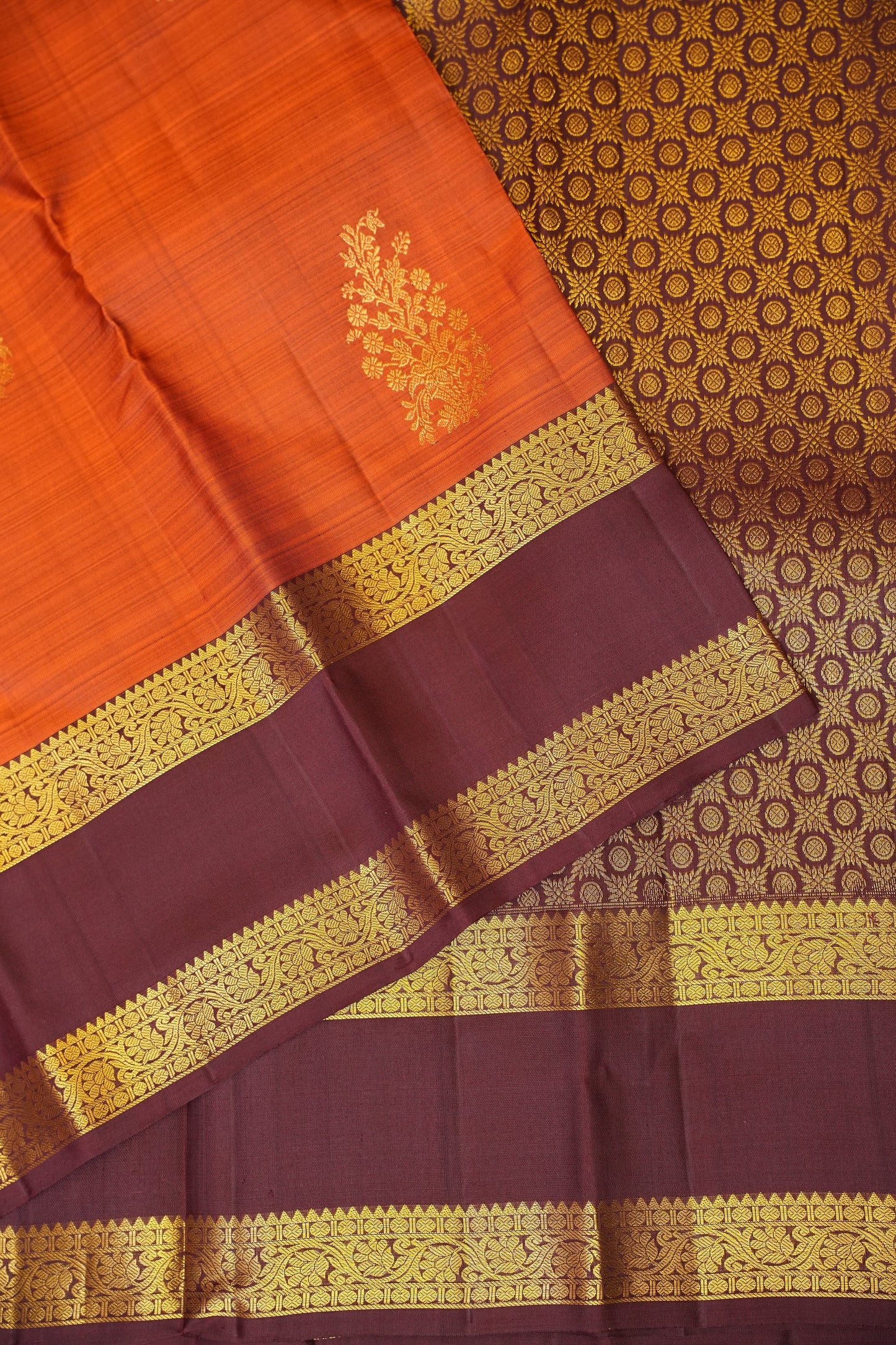 Pure Kanchipuram Silk Saree with Rich Gold Zari Weave - Rust Orange & Maroon