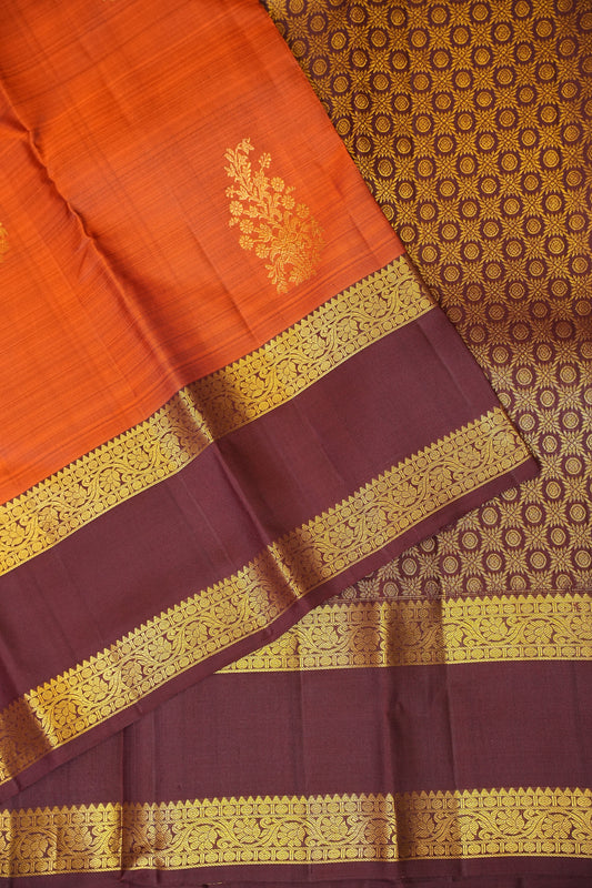 Pure Kanchipuram Silk Saree with Rich Gold Zari Weave - Rust Orange & Maroon