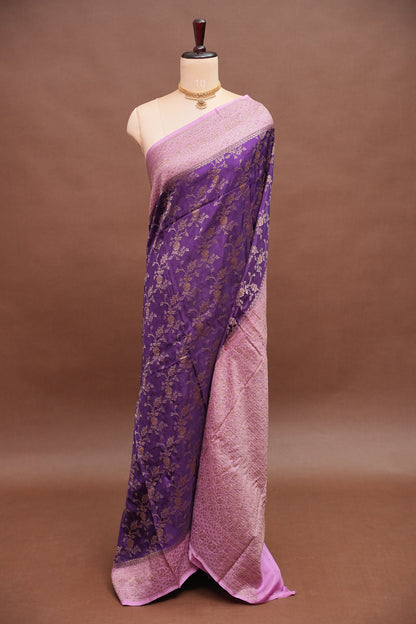 Khaddi Georgette Crepe Silk Saree with Antique Border – Purple & Pink
