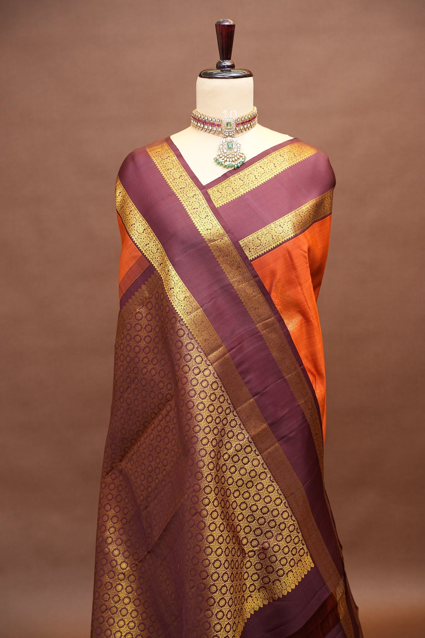 Pure Kanchipuram Silk Saree with Rich Gold Zari Weave - Rust Orange & Maroon