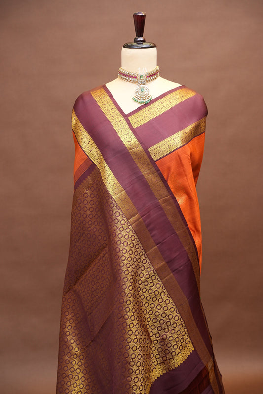 Pure Kanchipuram Silk Saree with Rich Gold Zari Weave - Rust Orange & Maroon