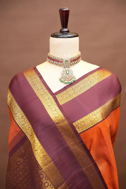 Pure Kanchipuram Silk Saree with Rich Gold Zari Weave - Rust Orange & Maroon