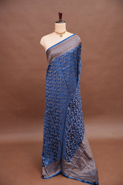 Khaddi Georgette Crepe Silk Saree with Antique Border – Peacock Blue