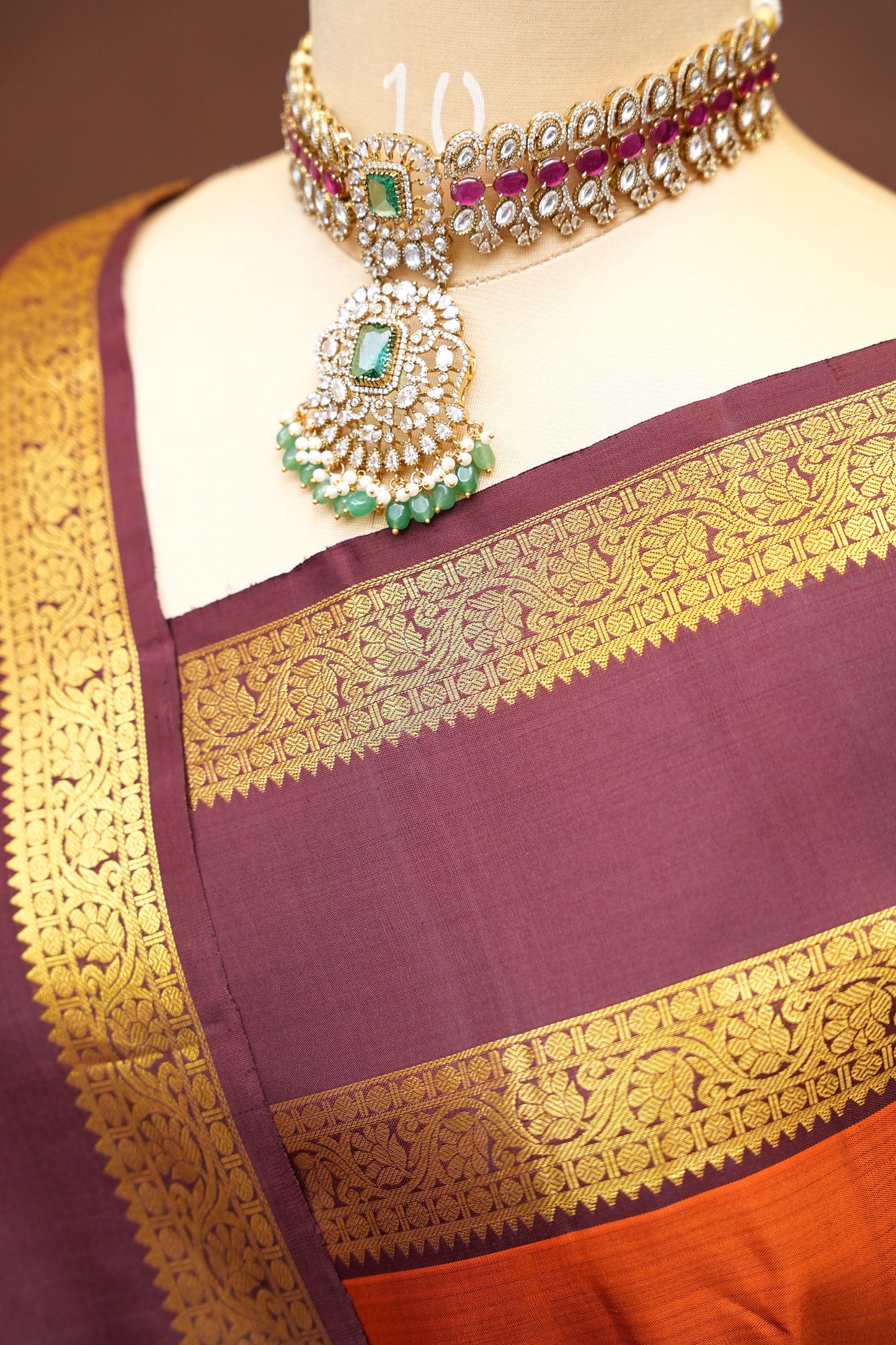 Pure Kanchipuram Silk Saree with Rich Gold Zari Weave - Rust Orange & Maroon