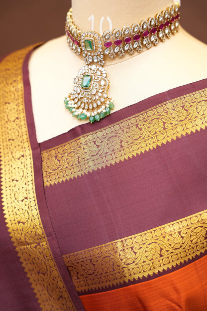 Pure Kanchipuram Silk Saree with Rich Gold Zari Weave - Rust Orange & Maroon
