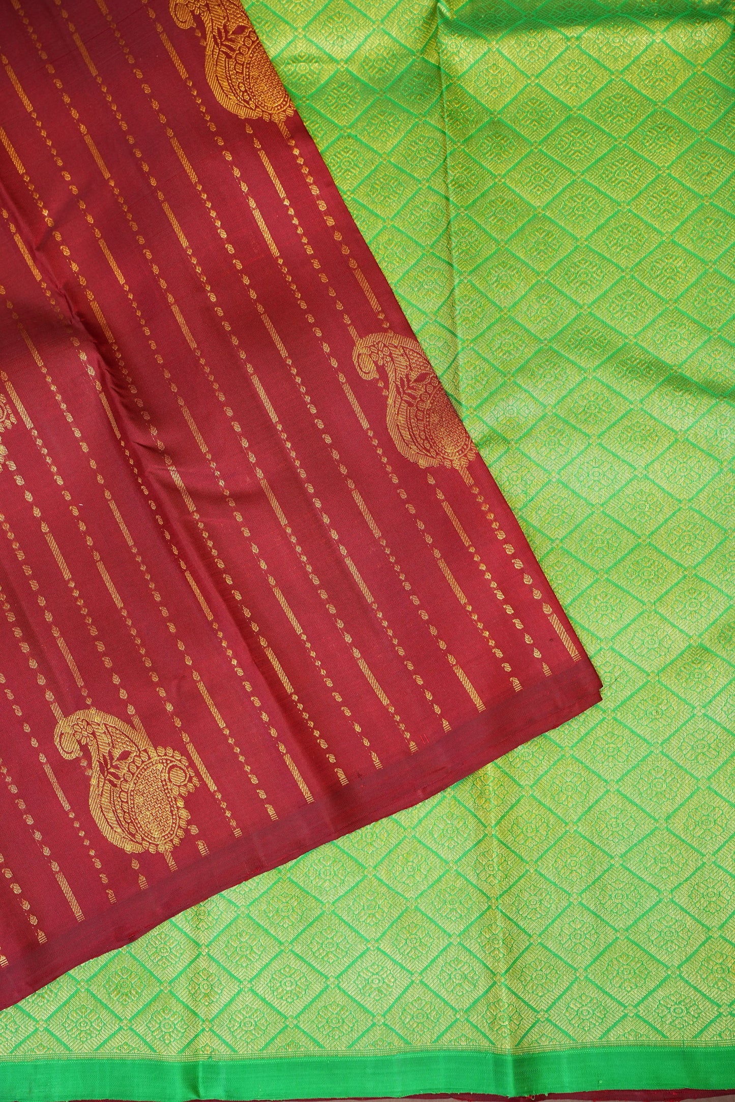 Borderless Pure Kanchipuram Silk Saree with Gold Zari Stripes - Parrot Green & Deep Red