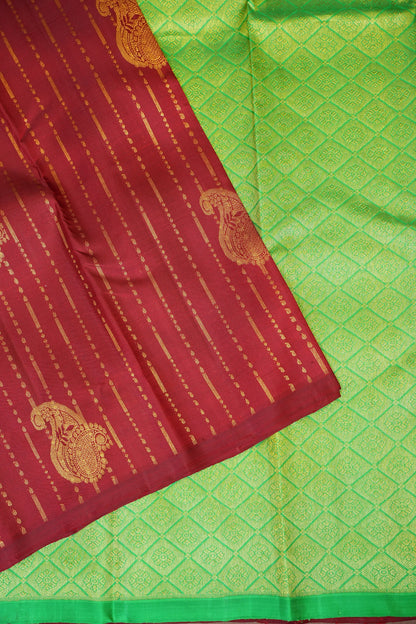 Borderless Pure Kanchipuram Silk Saree with Gold Zari Stripes - Parrot Green & Deep Red