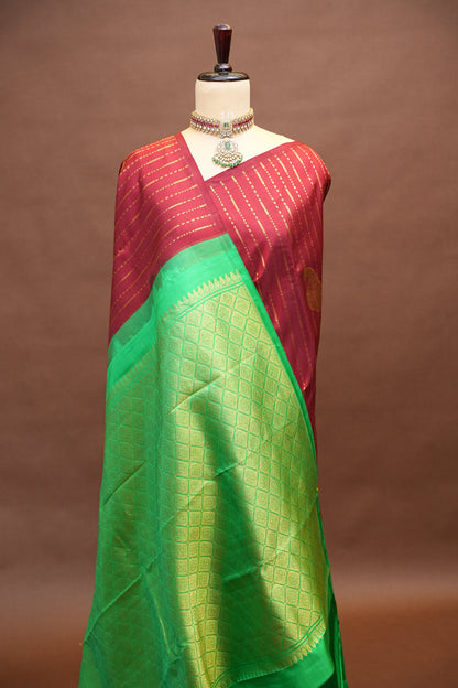 Borderless Pure Kanchipuram Silk Saree with Gold Zari Stripes - Parrot Green & Deep Red