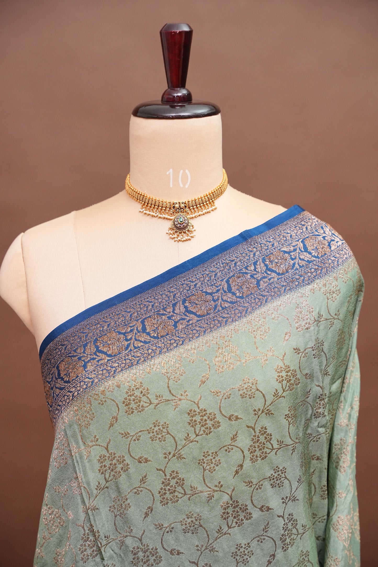 Khaddi Georgette Crepe Silk Saree with Antique Border – Blue Grey & Peacock Blue