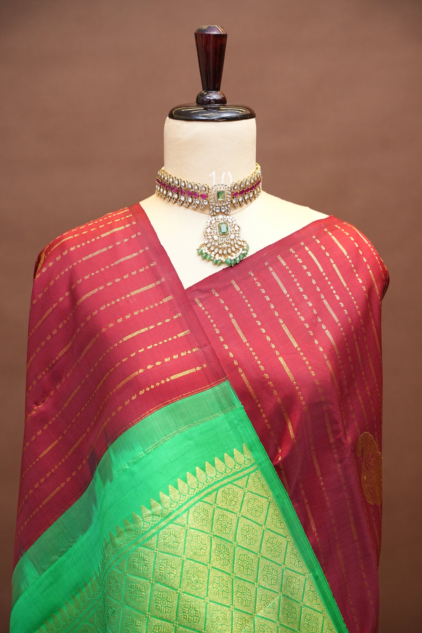 Borderless Pure Kanchipuram Silk Saree with Gold Zari Stripes - Parrot Green & Deep Red