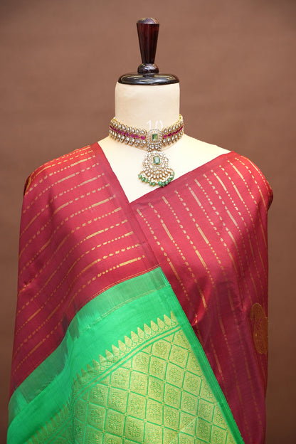 Borderless Pure Kanchipuram Silk Saree with Gold Zari Stripes - Parrot Green & Deep Red