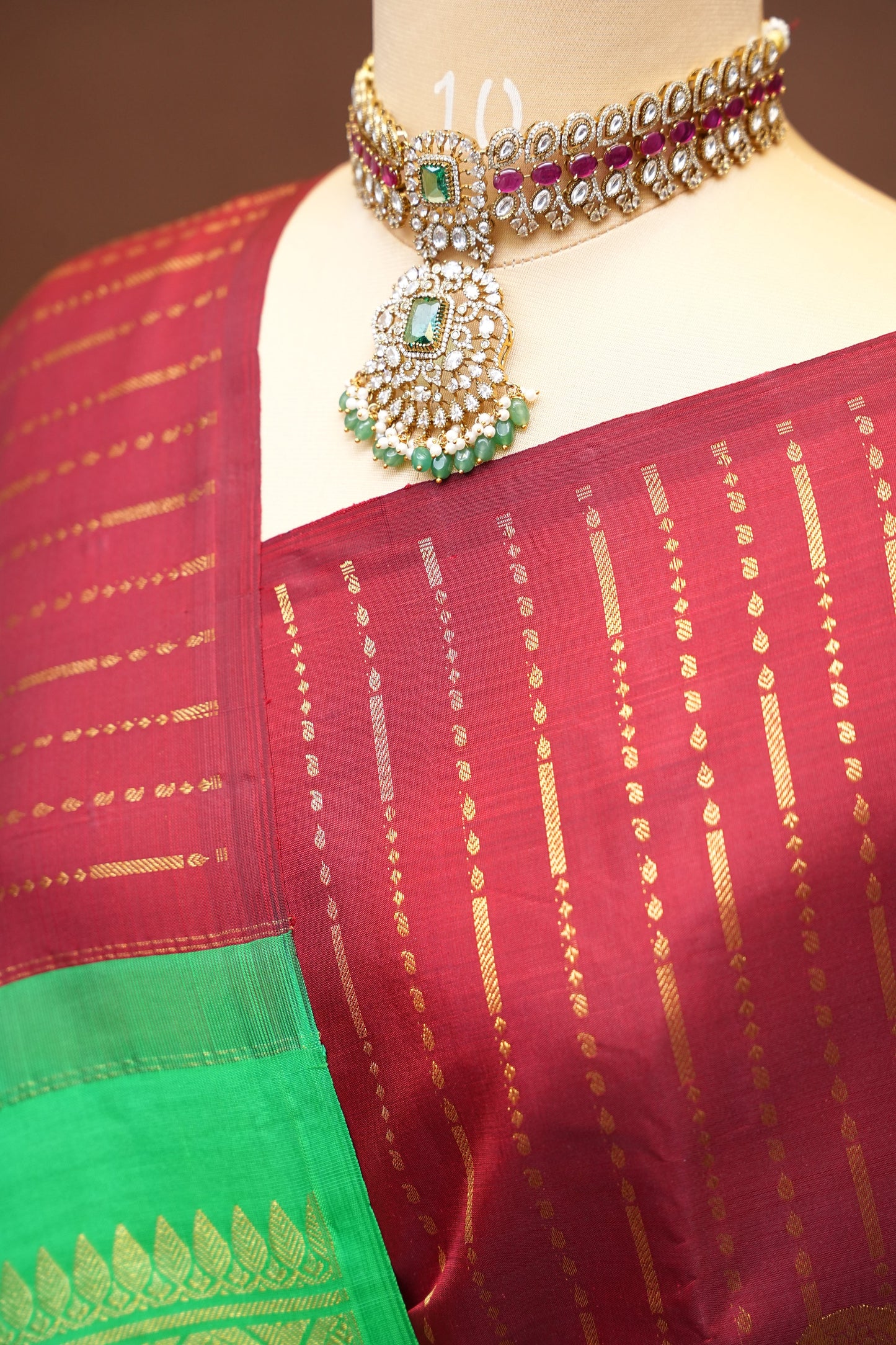 Borderless Pure Kanchipuram Silk Saree with Gold Zari Stripes - Parrot Green & Deep Red
