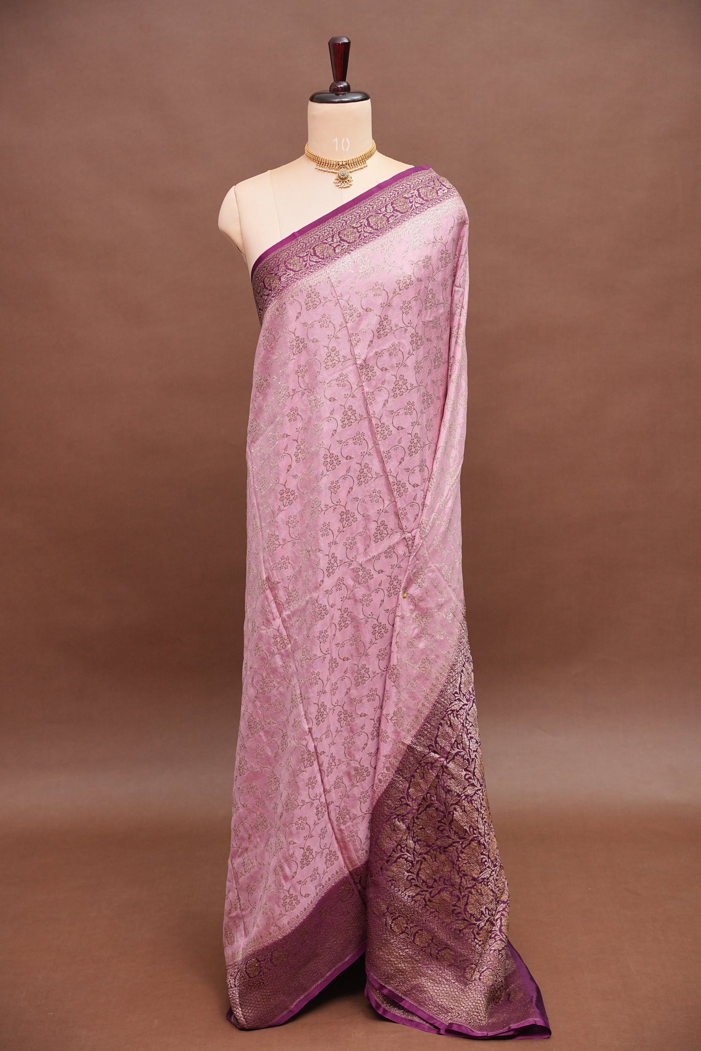 Khaddi Georgette Crepe Silk Saree with Antique Border – Baby Pink & Wine