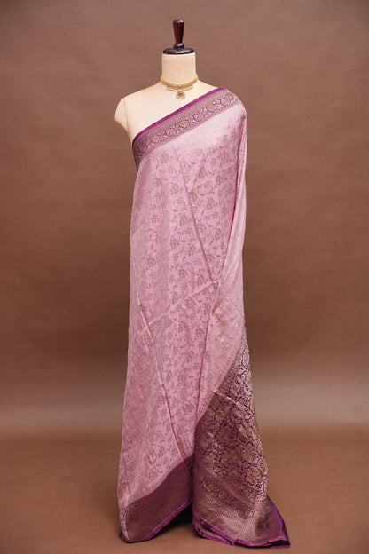Khaddi Georgette Crepe Silk Saree with Antique Border – Baby Pink & Wine