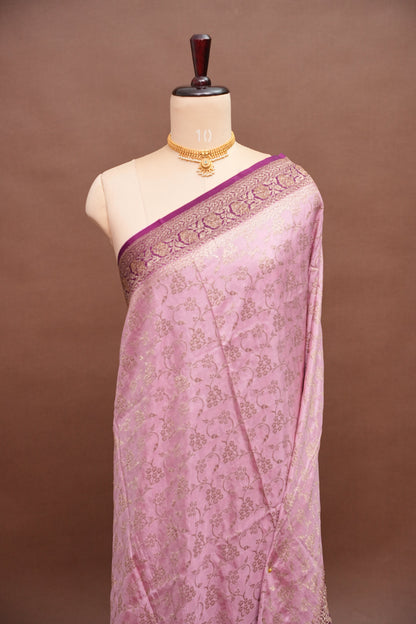 Khaddi Georgette Crepe Silk Saree with Antique Border – Baby Pink & Wine
