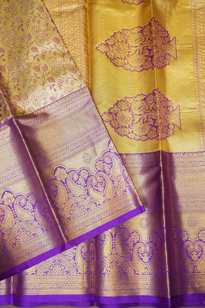 Pure Tissue Gold & Beige & Subtle Purple Kanchipuram Silk Saree|Silk Mark Certified