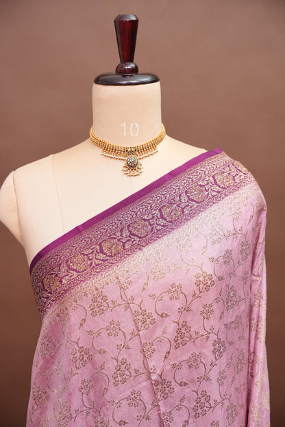 Khaddi Georgette Crepe Silk Saree with Antique Border – Baby Pink & Wine