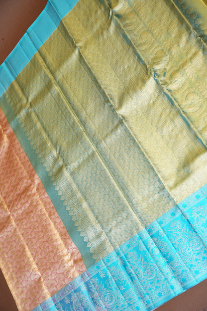 Pure Tissue Kanchipuram Silk Saree -  Peach with Turquoise| Silk Mark Certified