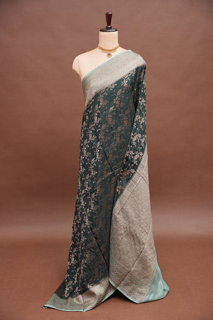 Khaddi Georgette Crepe Silk Saree with Antique Border – Bottle Green & Blue Grey
