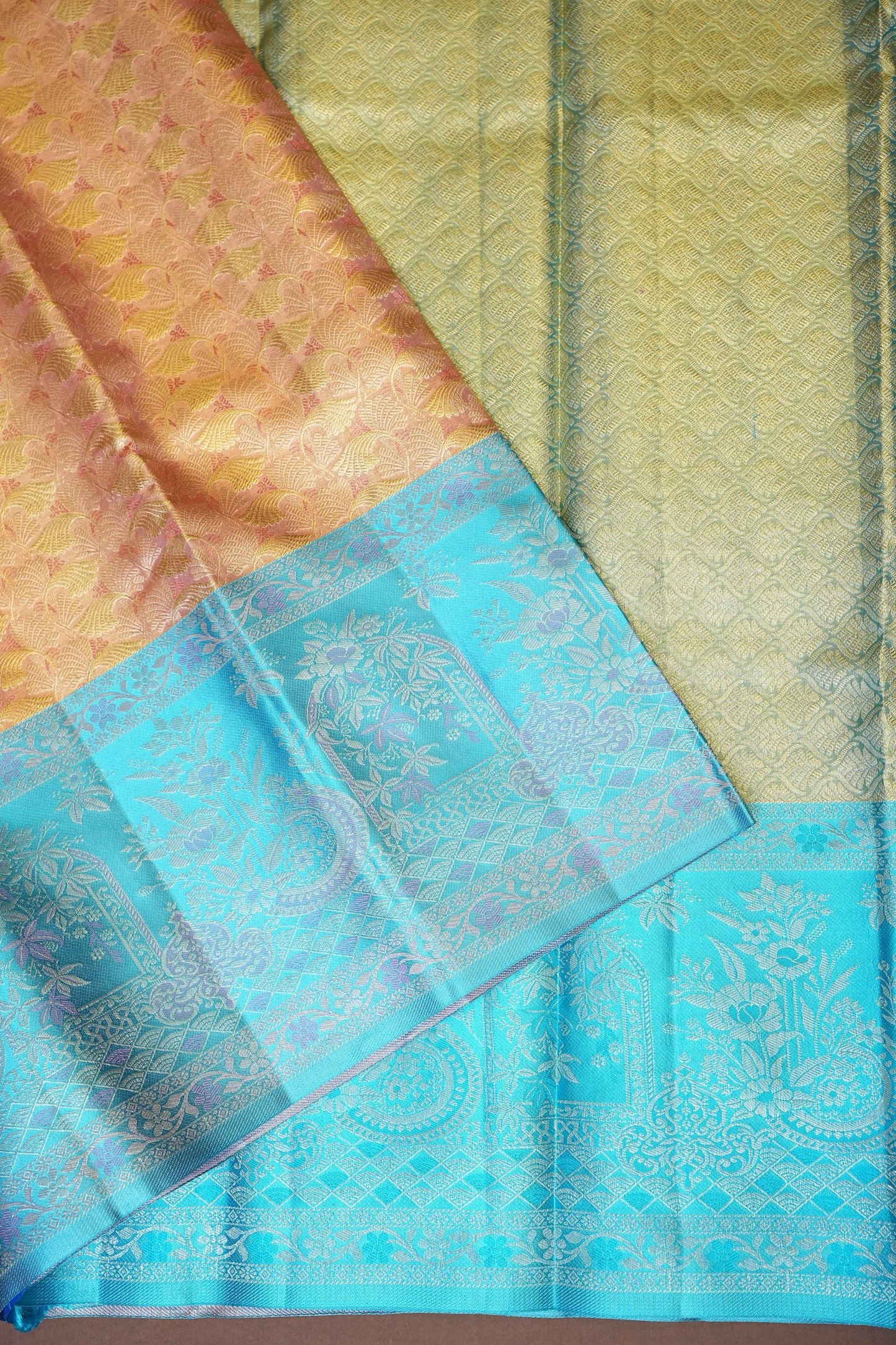 Pure Tissue Kanchipuram Silk Saree -  Peach with Turquoise| Silk Mark Certified