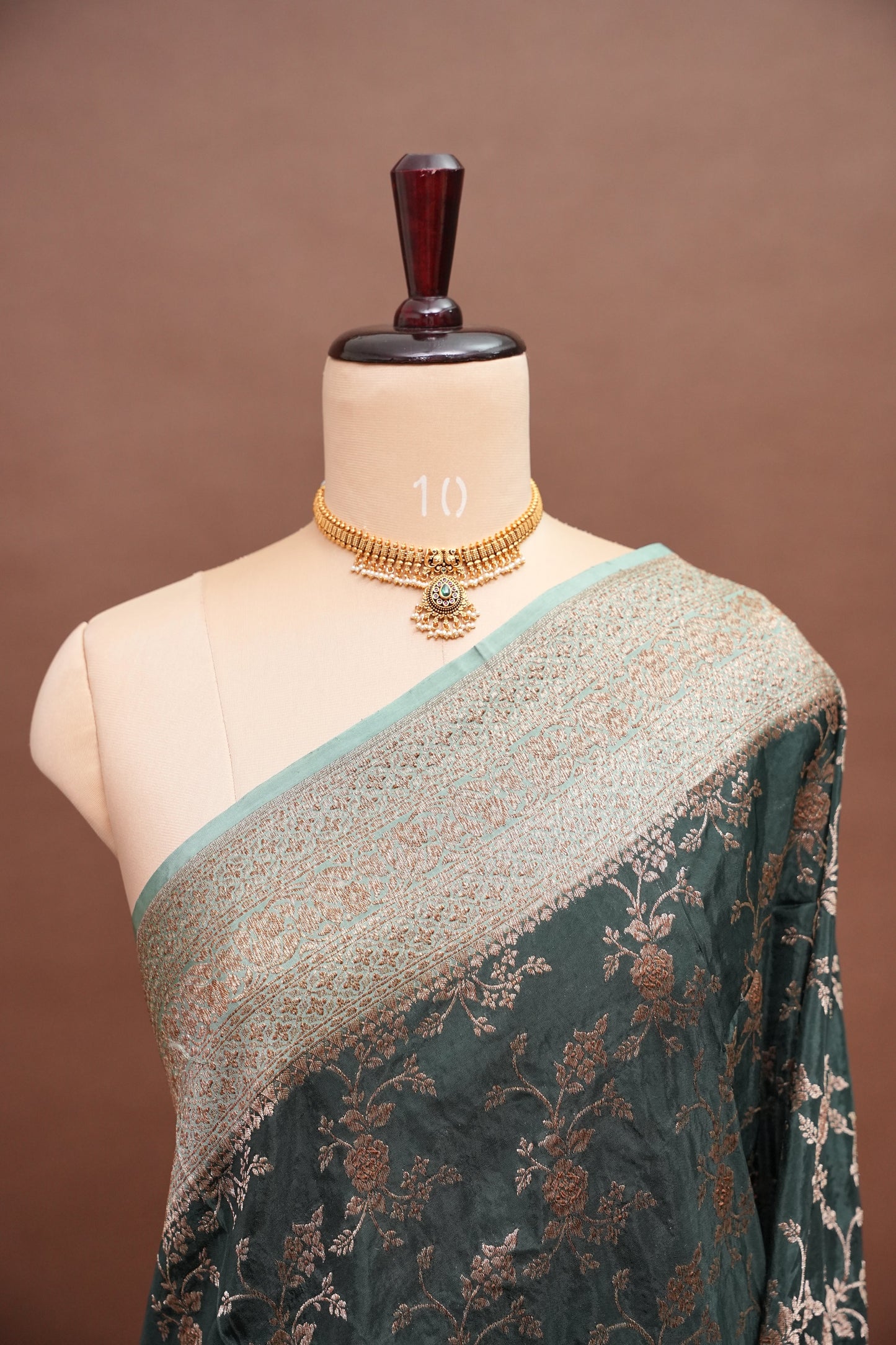 Khaddi Georgette Crepe Silk Saree with Antique Border – Bottle Green & Blue Grey