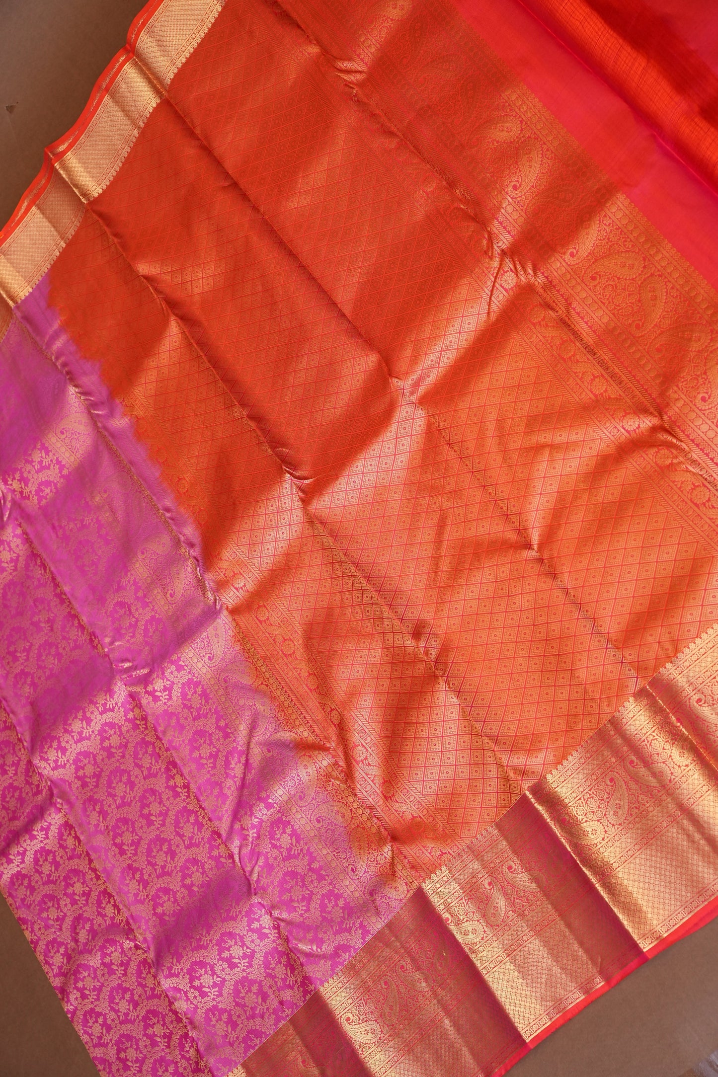 Pure Kanchipuram Silk Saree with Rich Gold Zari Weave - Candy Pink & Orange