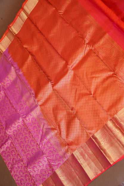 Pure Kanchipuram Silk Saree with Rich Gold Zari Weave - Candy Pink & Orange