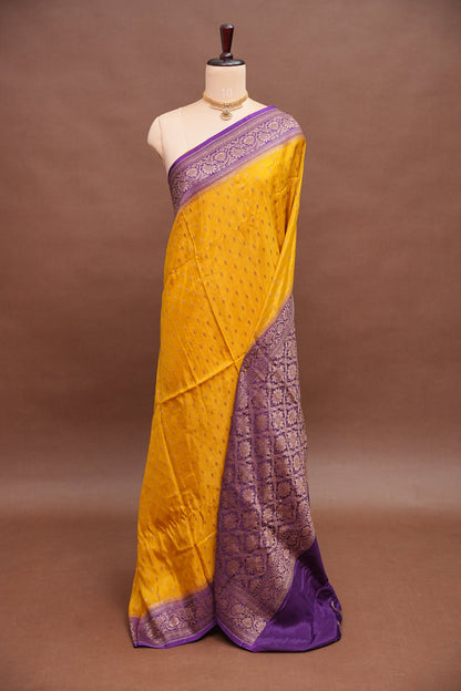 Khaddi Georgette Crepe Silk Saree with Antique Border – Yellow & Purple
